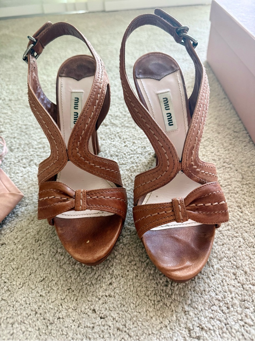 Miu Miu Tan Brown Leather Knot-Front Slingback Heels